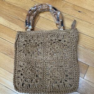Small Straw Raffia Bag with Faux Bamboo Handles